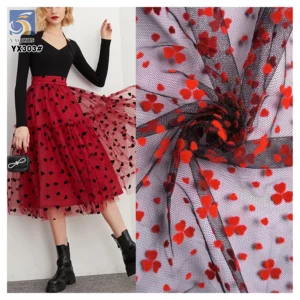 YX303 Ins Hot Style Tulle Fabric Nylon Mesh Flocking Red Love Heart Red Wool Flocked Tulle Fabric for Underwear - 100%...