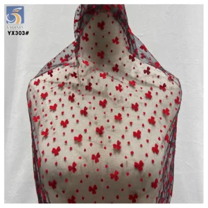 YX303 Ins Hot Style Tulle Fabric Nylon Mesh Flocking Red Love Heart Red Wool Flocked Tulle Fabric for Underwear - 100%...