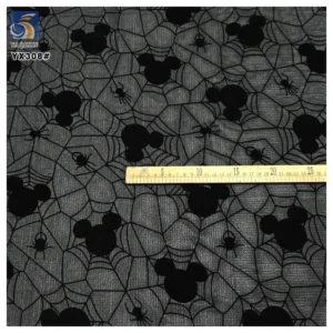 YX308 2025 Cartoon American Spider Web Mouse Pattern Tulle Fabric Soft Flocked Stretch Mesh Pure Black Fabric - 100%...