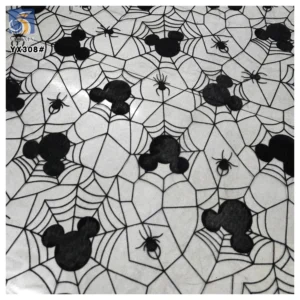 YX308 2025 Cartoon American Spider Web Mouse Pattern Tulle Fabric Soft Flocked Stretch Mesh Pure Black Fabric - 100%...