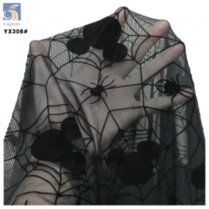 YX308 2025 Cartoon American Spider Web Mouse Pattern Tulle Fabric Soft Flocked Stretch Mesh Pure Black Fabric - 100%...
