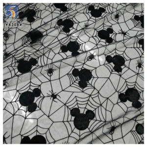 YX308 2025 Cartoon American Spider Web Mouse Pattern Tulle Fabric Soft Flocked Stretch Mesh Pure Black Fabric - 100%...