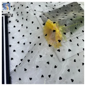 YX322 New Arrival Fluffy Stiff Polyester Shiny Organza Black Flocked Heart Fabric for Headpieces Dresses - 100% Polyester...