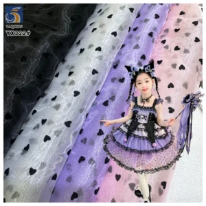 YX322 New Arrival Fluffy Stiff Polyester Shiny Organza Black Flocked Heart Fabric for Headpieces Dresses - 100% Polyester...