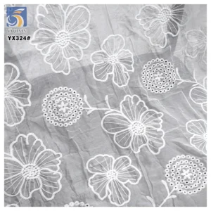 YX324 Wholesale Handmade Hollow Polyester Chiffon Embroidered Lace Fabric Floral White Embroidered Chiffon Fabric - 100%...