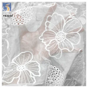 YX324 Wholesale Handmade Hollow Polyester Chiffon Embroidered Lace Fabric Floral White Embroidered Chiffon Fabric - 100%...