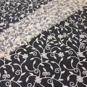 YX449 Fabric Store Designer New Arrival Tulle Transparent Soft Mesh Floral Leaf Embroidery Fabric - 100% Polyester, 60 gsm...