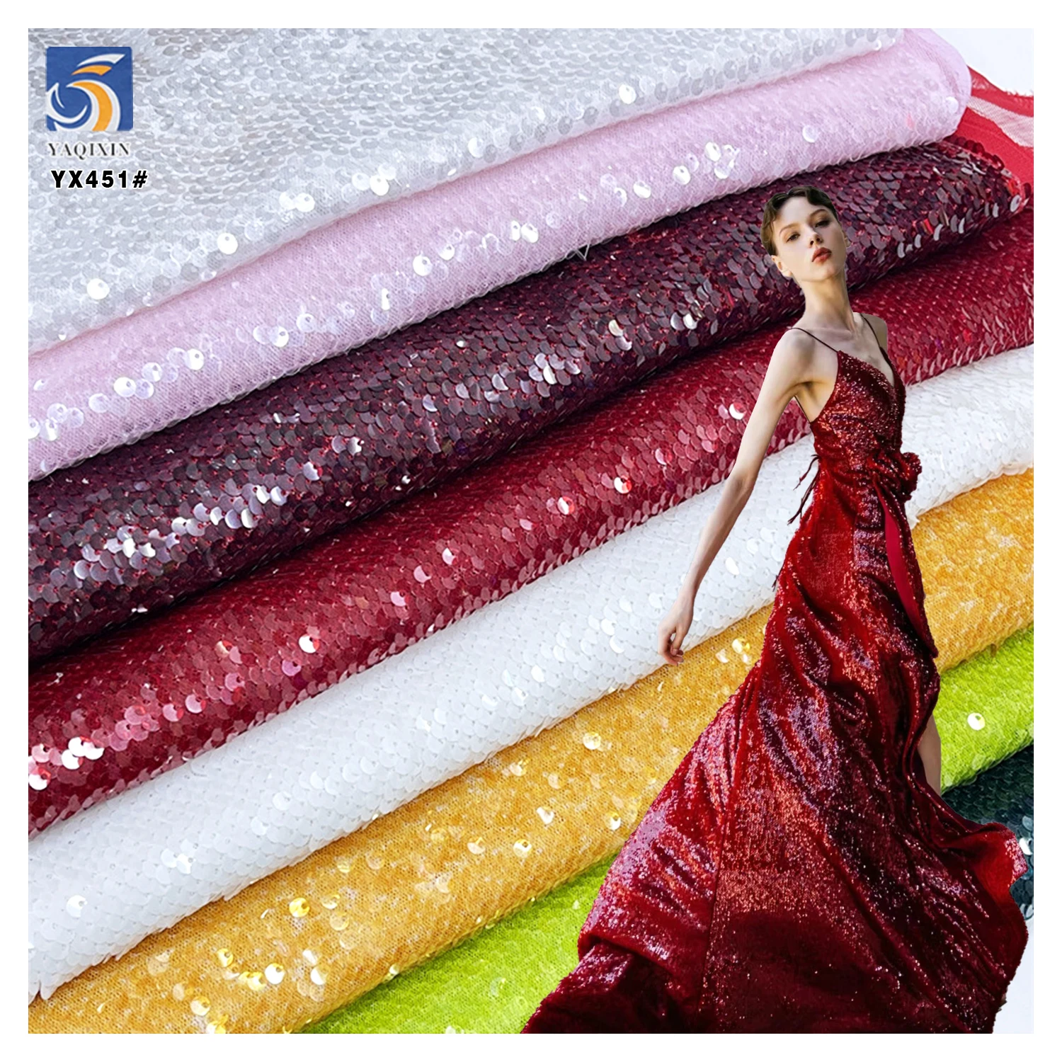 YX451 Catwalk Dress Thailand Sequin Embroidery Fabric 5mm Fish Scale Overlapping Transparent Full Sequin Fabric - Polyester...