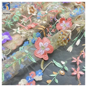 YX460 Cheap Floral Multicolor 3D Mesh Embroidery Fabric Lace Women's Clothing Wedding Dress Embroidery Fabric - 100%...