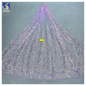 YX472 China New Design Shine Purple Sequined Embroidered Mesh Fabric Purple Floral Glittery Tulle Fabric - 100% Polyester...