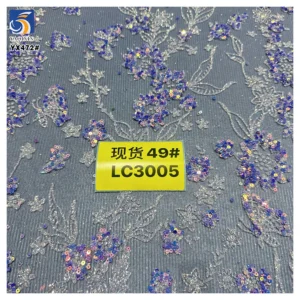 YX472 China New Design Shine Purple Sequined Embroidered Mesh Fabric Purple Floral Glittery Tulle Fabric - 100% Polyester...