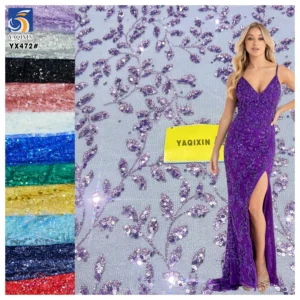 YX472 China New Design Shine Purple Sequined Embroidered Mesh Fabric Purple Floral Glittery Tulle Fabric - 100% Polyester...