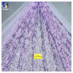 YX472 China New Design Shine Purple Sequined Embroidered Mesh Fabric Purple Floral Glittery Tulle Fabric - 100% Polyester...