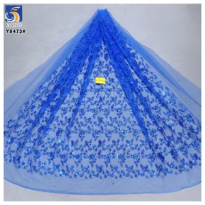 YX473 Noble Design Polyester Soft Mesh Tulle Fabric With Glitter Sequin Sapphire Blue Glitter French Tulle Fabric - 100%...