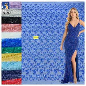 YX473 Noble Design Polyester Soft Mesh Tulle Fabric With Glitter Sequin Sapphire Blue Glitter French Tulle Fabric - 100%...