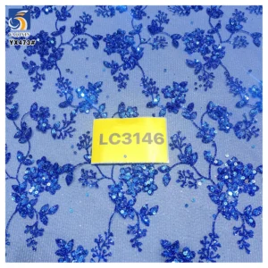 YX473 Noble Design Polyester Soft Mesh Tulle Fabric With Glitter Sequin Sapphire Blue Glitter French Tulle Fabric - 100%...