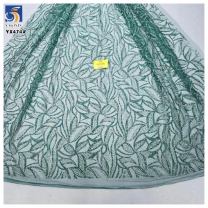 YX474 Green Leaf Latest Design Dress Wedding Tulle Polyester Diamond Glitter Sparkle Tulle Fabric Mint Green Lace Fabric...