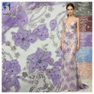 YX486 Custom Lace Fabric Italy High-End New Purple Embroidered Beaded Shiny Sequin Lace Fabric Flower Laces - 100%...