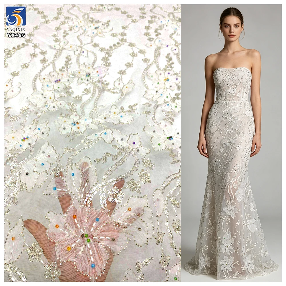 YX486 Garment Accessories Machine-woven Lace Polyester Eco-Friendly Sequins Bridal Wedding Party Worldwide Fabric Lace...