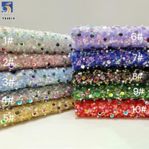 YX491 Wholesale Sequin Embroidery Beads Pearls Lace Fabric 2025 Sequined Lace Mesh Fabric - Polyester, Metallic, 级, 152 CM...