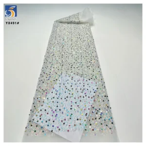 YX491 Wholesale Sequin Embroidery Beads Pearls Lace Fabric 2025 Sequined Lace Mesh Fabric - Polyester, Metallic, 级, 152 CM...
