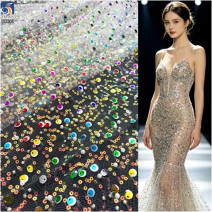 YX491 Wholesale Sequin Embroidery Beads Pearls Lace Fabric 2025 Sequined Lace Mesh Fabric - Polyester, Metallic, 级, 152 CM...
