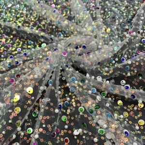 YX491 Wholesale Sequin Embroidery Beads Pearls Lace Fabric 2025 Sequined Lace Mesh Fabric - Polyester, Metallic, 级, 152 CM...