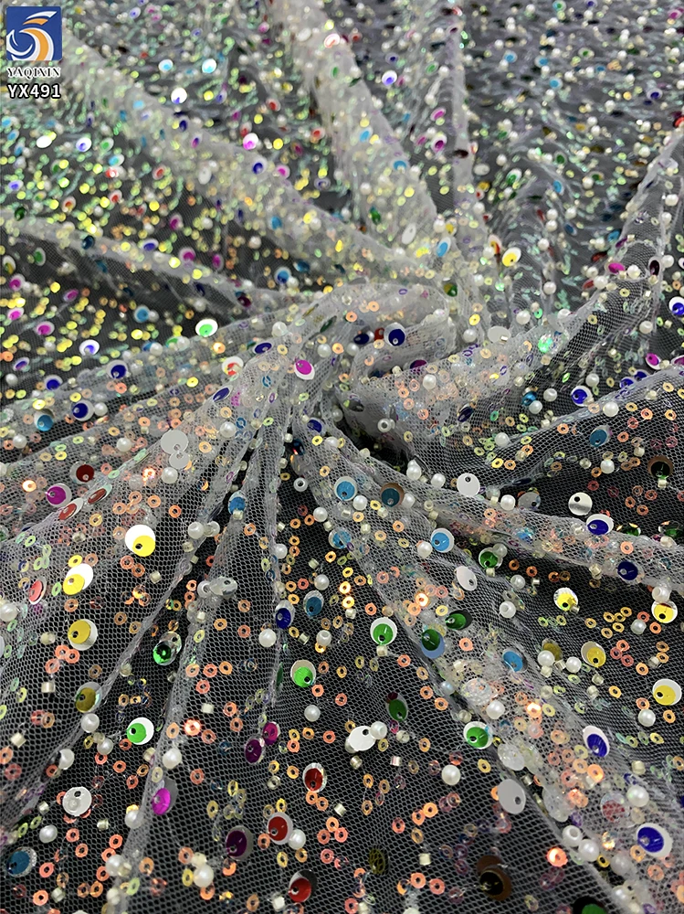 YX491 Wholesale Sequin Embroidery Beads Pearls Lace Fabric 2025 Sequined Lace Mesh Fabric - Polyester, Metallic, 级, 152 CM...