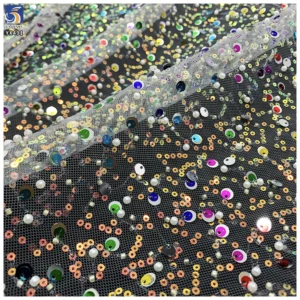 YX491 Wholesale Sequin Embroidery Beads Pearls Lace Fabric 2025 Sequined Lace Mesh Fabric - Polyester, Metallic, 级, 152 CM...