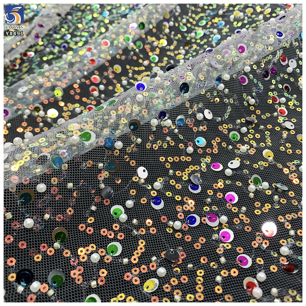 YX491 Wholesale Sequin Embroidery Beads Pearls Lace Fabric 2025 Sequined Lace Mesh Fabric - Polyester, Metallic, 级, 152 CM...