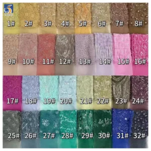 YX493 New Arrivals Hot Selling Polyester Tulle Angola Red Mesh Lace Fabric With Flowers and Beaded - Polyester / Metallic...