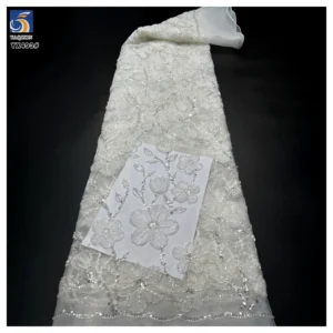 YX493 New Arrivals Hot Selling Polyester Tulle Angola Red Mesh Lace Fabric With Flowers and Beaded - Polyester / Metallic...
