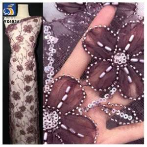 YX493 New Arrivals Hot Selling Polyester Tulle Angola Red Mesh Lace Fabric With Flowers and Beaded - Polyester / Metallic...