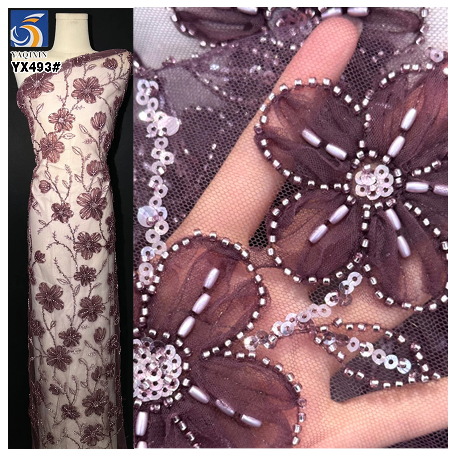 YX493 New Arrivals Hot Selling Polyester Tulle Angola Red Mesh Lace Fabric With Flowers and Beaded - Polyester / Metallic...