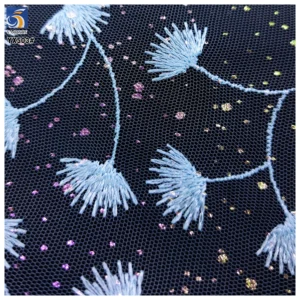 YX503 Custom Maple Leaf Pattern Polyester Embroidered Mesh Net Fabric With Gold Pink Sparkle Glitter - 100% Polyester, 100...