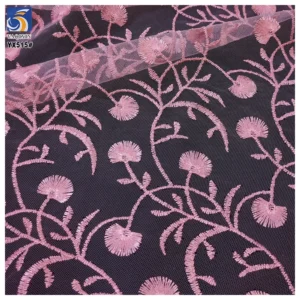 YX515 Cute Pink Floral Embroidered Girl Net Fabric 2025 Customized Polyester Mesh Fabric Embroidery - 100% Polyester, 100...