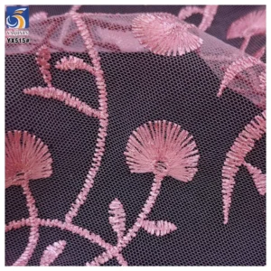 YX515 Cute Pink Floral Embroidered Girl Net Fabric 2025 Customized Polyester Mesh Fabric Embroidery - 100% Polyester, 100...