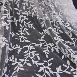 YX516 New Trend Style Willow Leaf Pattern Embroidery White Fabric Polyester Embroidered Mesh Fabric - 100% Polyester, 100...