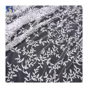 YX516 New Trend Style Willow Leaf Pattern Embroidery White Fabric Polyester Embroidered Mesh Fabric - 100% Polyester, 100...