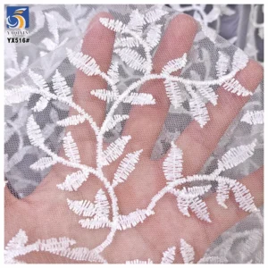 YX516 New Trend Style Willow Leaf Pattern Embroidery White Fabric Polyester Embroidered Mesh Fabric - 100% Polyester, 100...