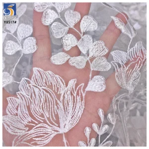 YX517 2025 China Factory Plain White Net Embroidered Flower Fabric Soft Tulle Lotus Flowers Embroidered White Fabric - 100%...