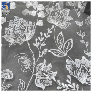 YX517 2025 China Factory Plain White Net Embroidered Flower Fabric Soft Tulle Lotus Flowers Embroidered White Fabric - 100%...