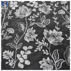 YX517 2025 China Factory Plain White Net Embroidered Flower Fabric Soft Tulle Lotus Flowers Embroidered White Fabric - 100%...
