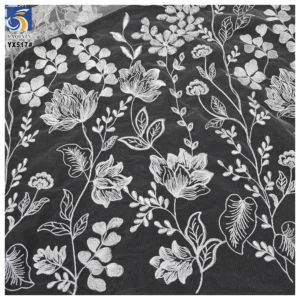 YX517 2025 China Factory Plain White Net Embroidered Flower Fabric Soft Tulle Lotus Flowers Embroidered White Fabric - 100%...