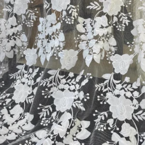 YX518 2025 New Design Custom 100% Polyester Soft Pure White Flowers Tulle Embroidery Bridal Fabric - 100% Polyester, 100...