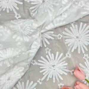 YX527 American White Chiffon Embroidery Fabric for Cheongsam Polyester 3D Embroidery Flowers Chiffon Fabric With Dots - 100%...