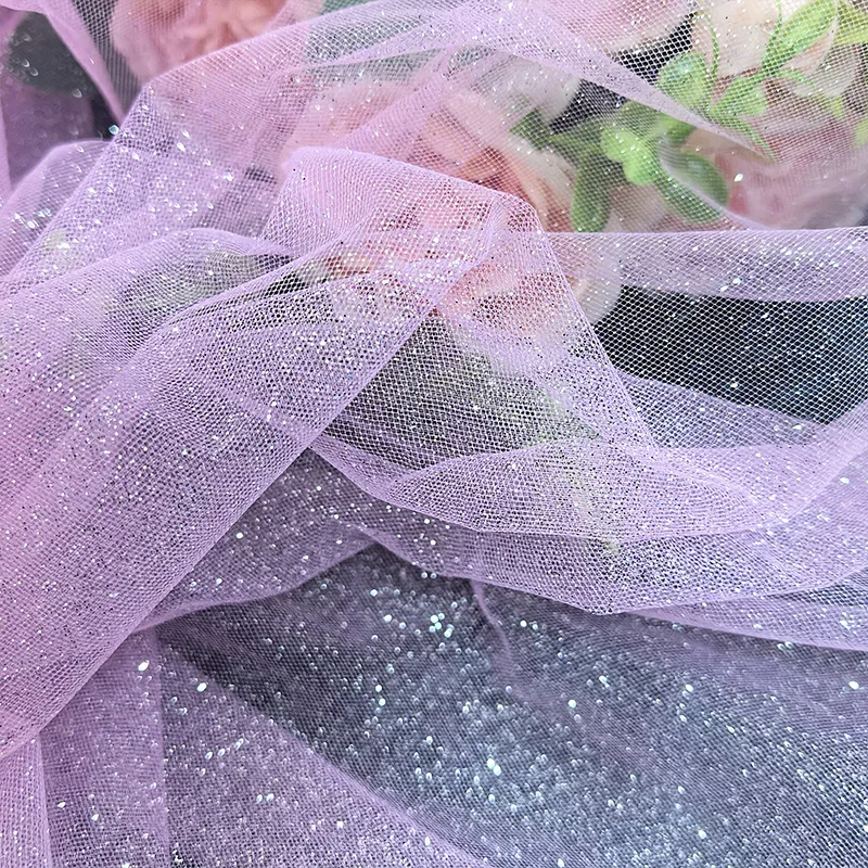 YX542 Pink Silver Glitter Sparkle Tulle Fabric Sheer Mesh for Girls Tutu Dress Wedding Veil Party Decoration - 100%...