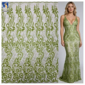 YX563 French New Year 2025 Design Latest Lace Fabric French Exquisite Green Glitter Sequin Lace Fabric Textile - 100%...