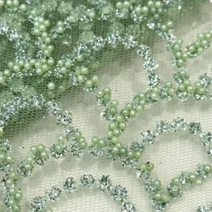 YX568 Low MOQ Custom Design African Nigerian Lace Tulle Knitted Green Beads Sparkle Glitter Lace Mesh Tulle Fabric - 100%...