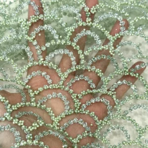 YX568 Low MOQ Custom Design African Nigerian Lace Tulle Knitted Green Beads Sparkle Glitter Lace Mesh Tulle Fabric - 100%...